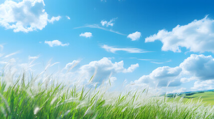 Fototapeta na wymiar Illustration background, Beautiful grassy fields and summer blue sky with fluffy white clouds in the wind