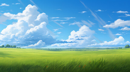 Naklejka premium Illustration background, Beautiful grassy fields and summer blue sky with fluffy white clouds in the wind