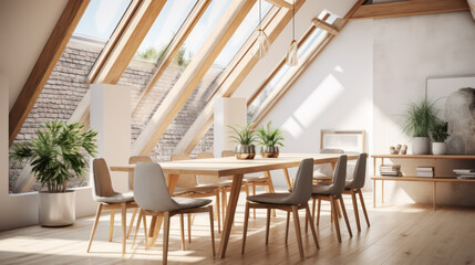 Fototapeta premium A Minimalist interior design of a modern Dining table and chairs in a clear loft with wooden beams in the dining room, a room with morning sunlight streaming through the window.