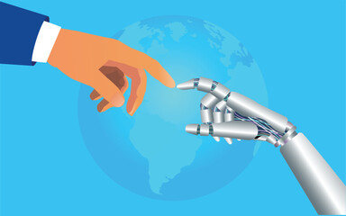 cyborg robotic hand pointing his finger to human hand with stretched finger, cyber la creation,isolated onthe world  background.