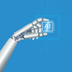 artificial intelligence, an andriod robot hand holds an artificial intelligence chip