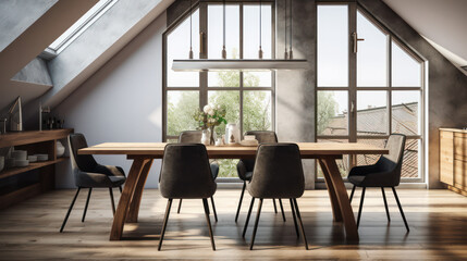 A Minimalist interior design of a modern Dining table and chairs in a clear loft with wooden beams in the dining room, a room with morning sunlight streaming through the window.
