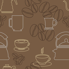 Editable Vector Illustration of Outline Style Coffee Equipment Seamless Pattern for Creating Background and Decorative Element of Cafe Related Design