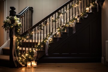 Wrapping a staircase banister with a garland.