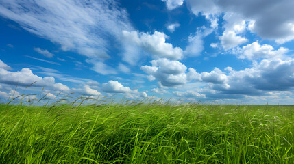 Obraz premium Illustration background, Beautiful grassy fields and summer blue sky with fluffy white clouds in the wind