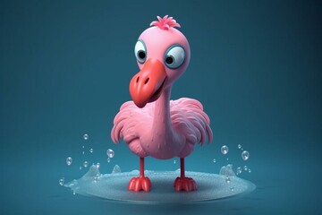 Adorable 3D cartoon flamingo. Generative AI