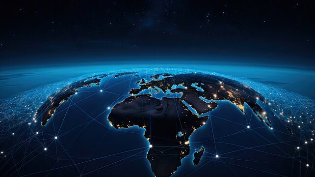 Digital composite of world map with illuminated networks representing global communication and technology.