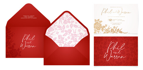 vector illustration red and gold wedding invitation envelope set with a floral flower rose design for Stationery, Layouts, collages, scene design, event flyer, Holiday celebration cards paper printing
