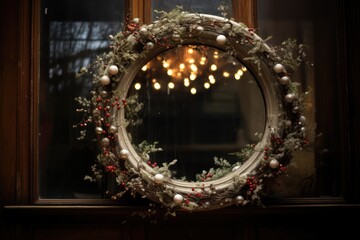 Hanging a wreath on a vintage mirror.