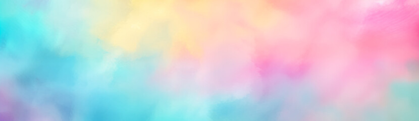 Colorful pastel background. Abstract watercolor sunset sky with fluffy clouds in bright pink, green, blue, yellow, and purple rainbow colors. Wide banner with copy space for text. 
