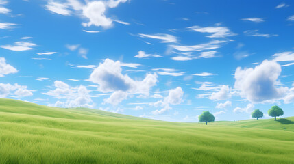 Illustration background, Beautiful grassy fields and summer blue sky with fluffy white clouds in the wind