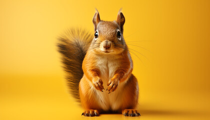 Obraz premium Cute fluffy rabbit with striped fur sitting outdoors, looking curious generated by AI