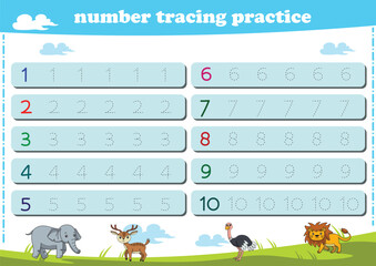 Writing practice for kindgarten kids. Number tracing worksheet with wildlife animals. Vector illustration