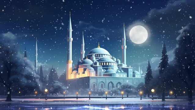 illustration of a mosque on a snowy winter night. islamic ramadan ied fitr background concept.  seamless looping overlay 4k virtual video animation background 