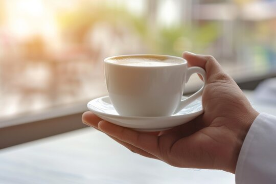 Image of a businessman's hand holding a cup of coffee during a break, relaxed posture. 