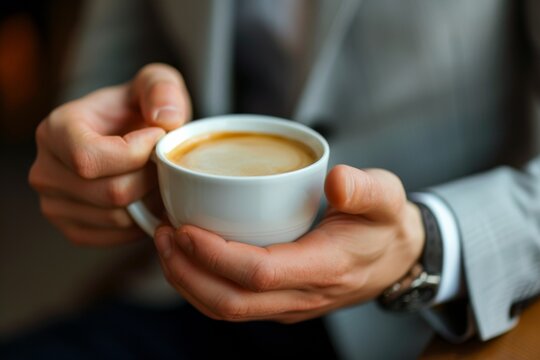 Image of a businessman's hand holding a cup of coffee during a break, relaxed posture. Focus on the hand and cup, soft background of a cafe