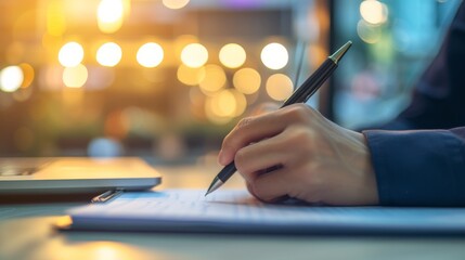 hand holding a pen and jotting down notes on a notepad. Close-up of the hand writing, blurred background of a sophisticated workspace, soft and warm lighting, capturing strategic thinking.