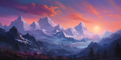 Beautiful natural landscape, The mountain glows at sunset, Highly Realistic Mountain Landscape, Fantasy landscape with mountains and clouds, Generative AI
