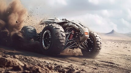 A dustcovered quad bike jumps over a series of dirt mounds its exposed engine giving a glimpse of...