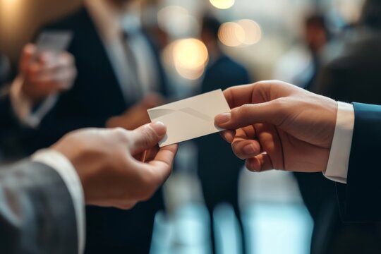 Image of a businessman's hand passing a business card to a potential client. 