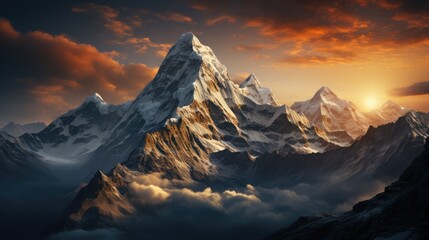 Fototapeta na wymiar Majestic mountains against the background of a bright sunset. Winter snowy peaks.