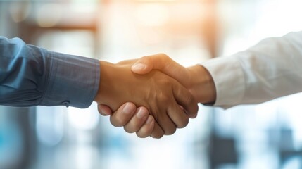 Image of a businessman's hand shaking another hand, symbolizing a successful deal. Close-up of the handshake against a backdrop of a corporate office,