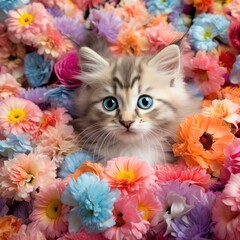 Blue-eyed Kitten Surrounded by Flowers