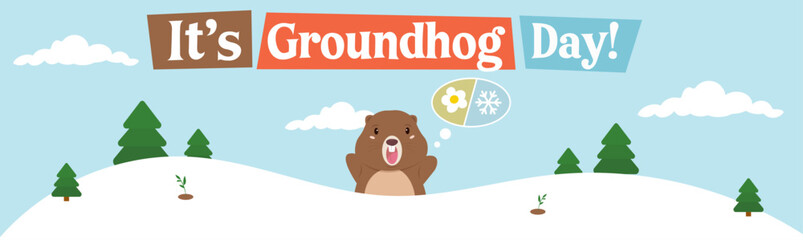 It’s Groundhog Day. Marmot choosing between winter or spring on a snowy land with trees and clouds. Colorful cartoon vector illustration.