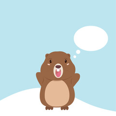 Little cute marmot on a snowy land with blank speech bubble. Write your own prediction. Groundhog Day vector illustration template.