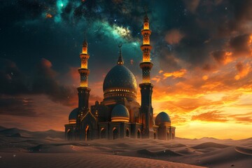 Image of an Islamic mosque with a futuristic design, set in a vast desert under a twilight sky. Mosque glowing with neon lights, reflecting on the surrounding sand, a cosmic 