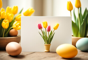 Easter postcard eggs and tulips on wooden surface: Colorful Easter eggs and vibrant tulips on a wooden surface, perfect for springtime messages and seasonal decoration