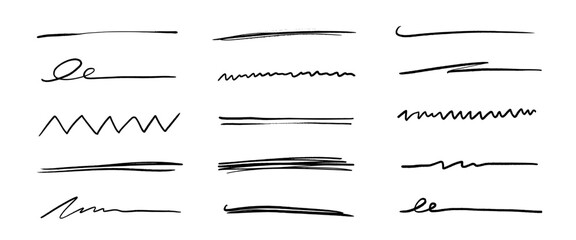Pen underline line stroke, marker scribble. Hand drawn mark, brush drawn curve, doodle sketch vector. Pen text underline, handwritten doodle elements, lettering emphasis. Vector illustration. - obrazy, fototapety, plakaty