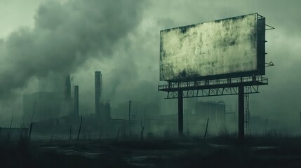 Mockup Blank billboard in Desolate cityscape, shrouded in factory smoke that blots out the sky.