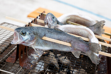 釣り堀で捕まえたニジマスの塩焼き