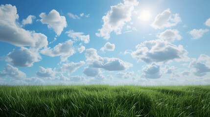 Obraz premium Illustration background, Beautiful grassy fields and summer blue sky with fluffy white clouds in the wind
