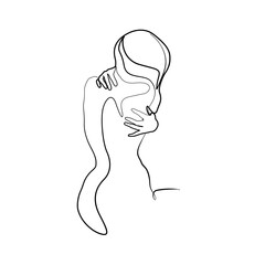 Woman back hug abstract silhouette, warms up mood, sad posture, single line on white background, continuous line drawing, tattoo and logo design, isolated vector illustration.