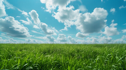Obraz premium Illustration background, Beautiful grassy fields and summer blue sky with fluffy white clouds in the wind