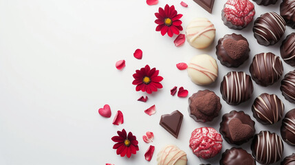 Obraz na płótnie Canvas view of chocolate and love and flower with white background theme valentine copy space