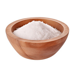 pile of finely dry organic fresh raw sea salt powder in wooden bowl png isolated on white background. bright colored of herbal, spice or seasoning recipes clipping path. selective focus