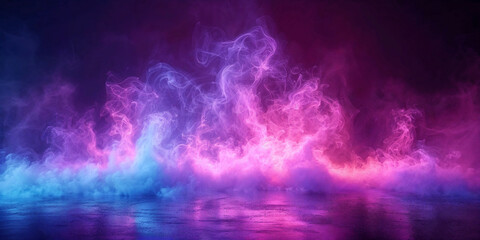 Rising smoke, inside of a dark space with a wet stone floor, featuring purple and pink hues of colorful smoke
