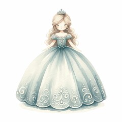 Fototapeta premium princess in a ballgown. watercolor illustration. Beautiful Bridesmaid. Beautiful Girl in Luxury Party Gown. bride in wedding, princess illustration.. white background.