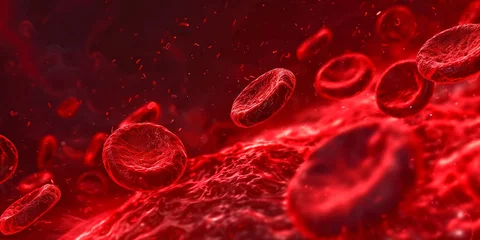 Fotobehang Red blood cells, cellular biology illustration, floating in a red space, detailed macro style photo realistic detailed, vibrant red, DNA, human biology © photowarehouse