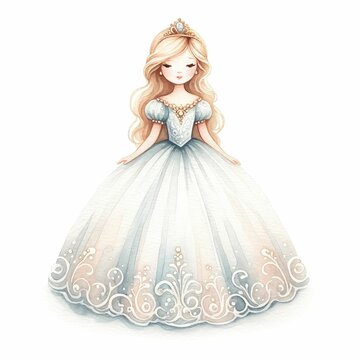 princess in a ballgown.  watercolor illustration. Beautiful Bridesmaid. Beautiful Girl in Luxury Party Gown. bride in wedding, princess illustration.. white background.