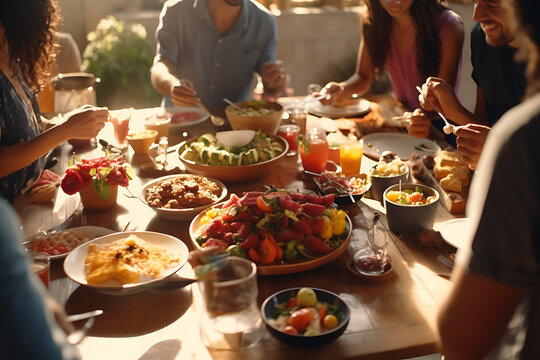 Diverse People Dining Together Concept. Top view of diverse group of friends having dinner together at home.