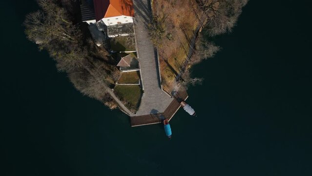 Top Down View of Lake Bled Island in Famous Slovenian Tourist Town