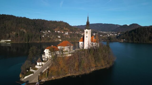 Close Up Aerial View of Church on Lake Bled Island. Slovenia's Beautiful Countryside