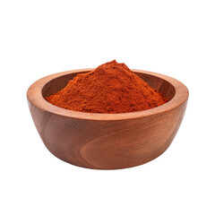 pile of finely dry organic fresh raw ancho chili powder in wooden bowl png isolated on white background. bright colored of herbal, spice or seasoning recipes clipping path. selective focus - obrazy, fototapety, plakaty