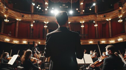 Back View of Professional Conductor Directing Symphony Orchestra with Performers Wearing Medical Masks, Playing Violins, Cello and Trumpet on Classic Theatre with Curtain Stage During Music