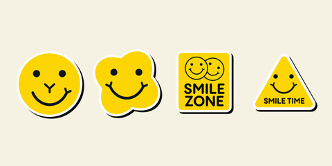 Set of sticker vector designs in cool yellow color. Trendy cute smile patch.
