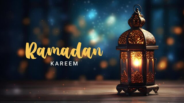 Ramadan kareem text animation with decoration arabic lantern in the night. generative ai